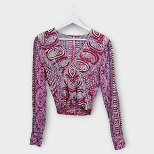 Free people Top Women XS Pink Paisley Smocked Babydoll Boho Wild and Free Crop